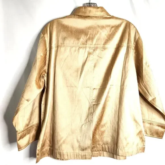 ios Metallic Gold 100% Silk Top Size M Button Up Long Sleeve Classic Elegant - Picture 10 of 11